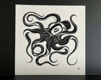 Native Northwest Coast Tlingit Octopus Giclee Print - Black, Left-Facing