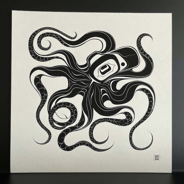 Native Northwest Coast Tlingit Octopus Giclee Print - Black, Left-Facing