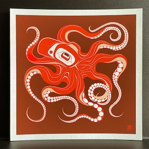 Native Northwest Coast Tlingit Octopus Giclee Print - Orange/Red, Right-Facing