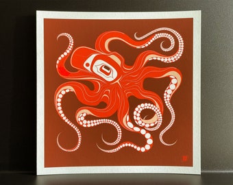 Native Northwest Coast Tlingit Octopus Giclee Print - Orange/Red, Right-Facing