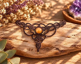 Macrame Agate Necklace, Handmade Boho Jewelry, Brown Gemstone Necklace, Mystical Goddess Jewelry, Unique Bohemian Gift
