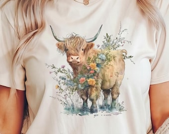 Camiseta con estampado floral de vaca de las Tierras Altas, camiseta rústica de vaca de las Tierras Altas escocesas, camiseta de vaca de las Tierras Altas del Oeste, regalo para amantes de las vacas, camiseta de vaca, estilo country western