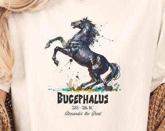 歴史愛好家のためのアレクサンダー大王のブケファロス馬シャツ、ギリシャ軍馬シャツ、歴史教師への贈り物、古代ギリシャの馬、戦士Tシャツ