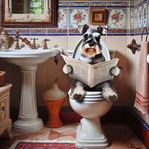 May include: A gray and white miniature schnauzer dog sits on a white toilet seat, reading a newspaper. The dog is wearing a white collar and has a black nose. The toilet is in a bathroom with white tile walls and a white sink.