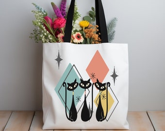 Atomic Cat Tragetasche, Mid Century Modern Tragetasche, Katzentasche, Geschenke für Katzenbesitzer, Katzenmama Canvas Tragetasche, Mid Century Modern Dekor Tragetasche