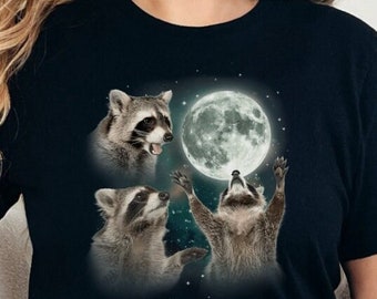 Maglietta con tre procioni sulla luna, maglietta con grafica vintage, maglietta con procione contraffatta, maglietta con procione divertente, magliette con meme, magliette divertenti, amanti dei procioni
