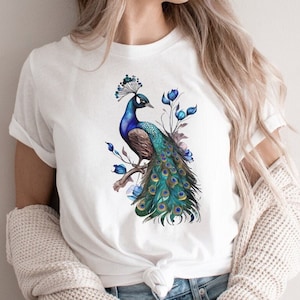 Pfau Shirt, Blumen Pfau Shirt, Vogel Shirt, Feder T-Shirt, Vogel Liebhaber T-Shirt, Tier Liebhaber Shirt, Tier Shirt, Blumenvogel Shirt, Boho