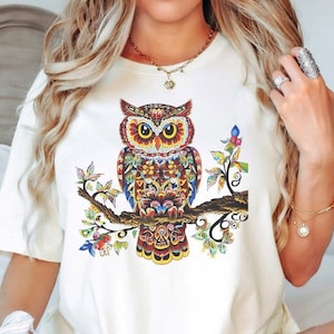 Floral Owl Shirt, Owl Shirt, Animal Lover Shirt, Colorful Owl T-Shirt, Folk Art Tee, Cottagecore Shirt, Nature Lover Tee, Boho Owl T-Shirt