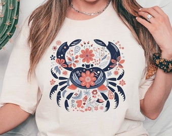 Blue Crab Shirt, Folk Art Crab Shirt, Summer Shirt, Crab Shirt, Nordic Style Shirt, Scandinavian Crab Shirt, Animal Lover Tee, Marine Life