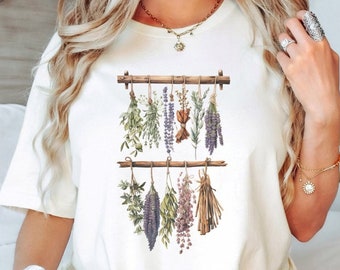 Camisa de herbología, Camisa botánica, Camisa Cottagecore, Camisa Dark Academy, Camisa amante de las plantas, Camisa de cerámica de mago de las plantas, Hierbas colgantes, Seco