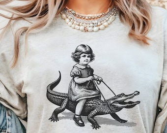 Retro Girl Riding Alligator Shirt, Funny Retro Shirt, Animal Lover Shirt, Weird Shirts, Gator Tee, Cool Graphic Tee, Vintage Retro T-Shirt