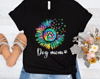 Dog Mom Shirt, Tie Dye Sunflower Shirt, Paw Print Shirt, Summer Shirt, Animal Lover Tee, Sunflower Tee, Rainbow Color Dog Tee, Dog Mom Gift