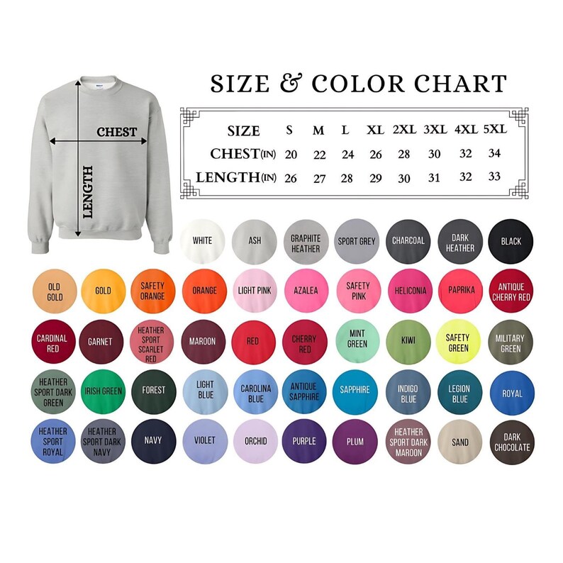 Op de afbeelding: Een lichtgrijs sweatshirt met een maat- en kleurentabel. De tabel toont borst- en lengtematen in cm, vari&euml;rend van 51 tot 86 cm. Er wordt een breed scala aan kleuren getoond, waaronder wit, zwart en verschillende tinten rood, blauw en groen.