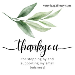 K&ouml;nnte beinhalten: Wei&szlig;er Hintergrund mit einer Aquarellillustration gr&uuml;ner Bl&auml;tter und dem Wort "Thank you" in eleganter Schrift. Darunter steht der Text "for stopping by and supporting my small business!" Die Etsy-Shop-URL ist sichtbar.