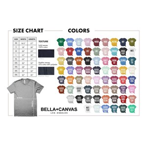May include: A size chart and color options for Bella+Canvas t-shirts. The chart displays measurements in inches for sizes XS to 5XL. Color swatches include shades of pink, blue, green, and more. The brand name "Bella+Canvas" is also visible.