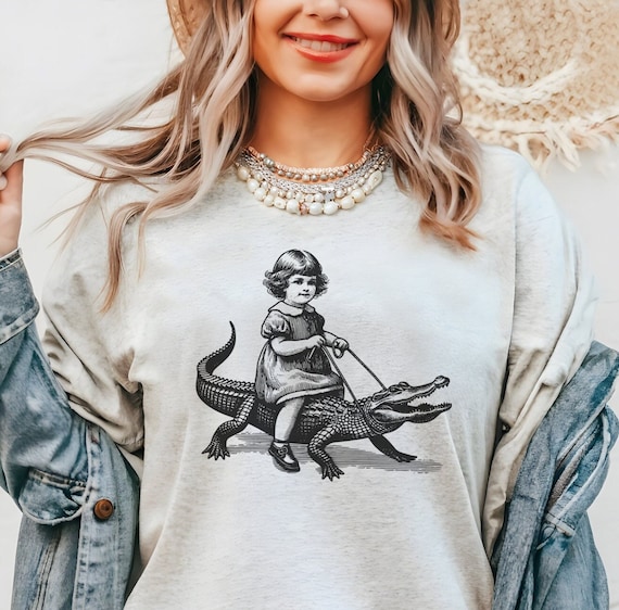 Retro Girl Riding Alligator Shirt, Funny Retro Shirt, Animal Lover Shirt, Weird Shirts, Gator Tee, Cool Graphic Tee, Vintage Retro T-Shirt