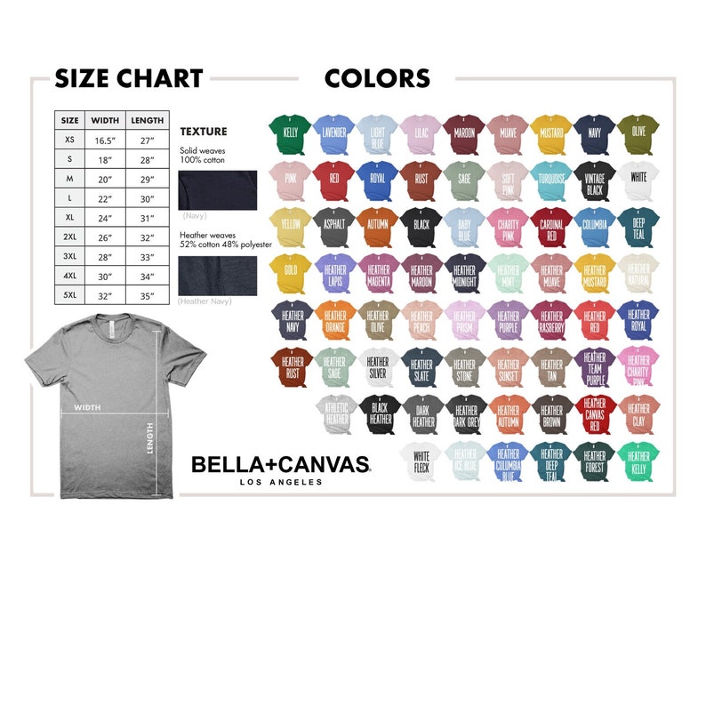 May include: Size chart and color chart for Bella + Canvas t-shirts. The chart shows the width and length of each size, from XS to 5XL. The color chart shows a variety of colors, including heather, solid, and vintage colors.