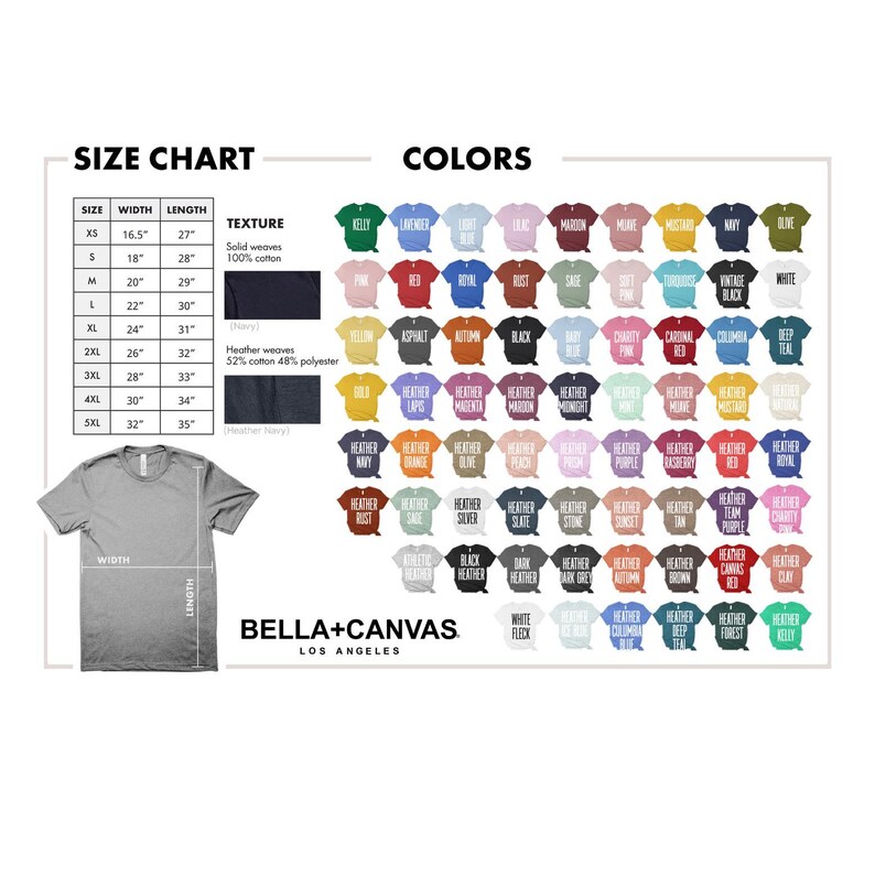 May include: Size chart and color chart for t-shirts. The chart shows different sizes, widths, lengths, and textures of t-shirts. The color chart shows a variety of colors for the t-shirts, including heather colors.