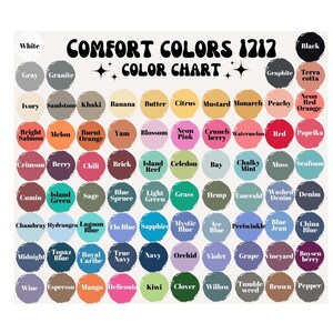 以下が含まれることがあります： 「COMFORT COLORS 1212 COLOR CHART」というタイトルのカラーチャートで、さまざまな色の見本があります。色には、白、黒、グレー、青、緑、ピンク、オレンジ、紫などがあります。各色には名前が付けられています。
