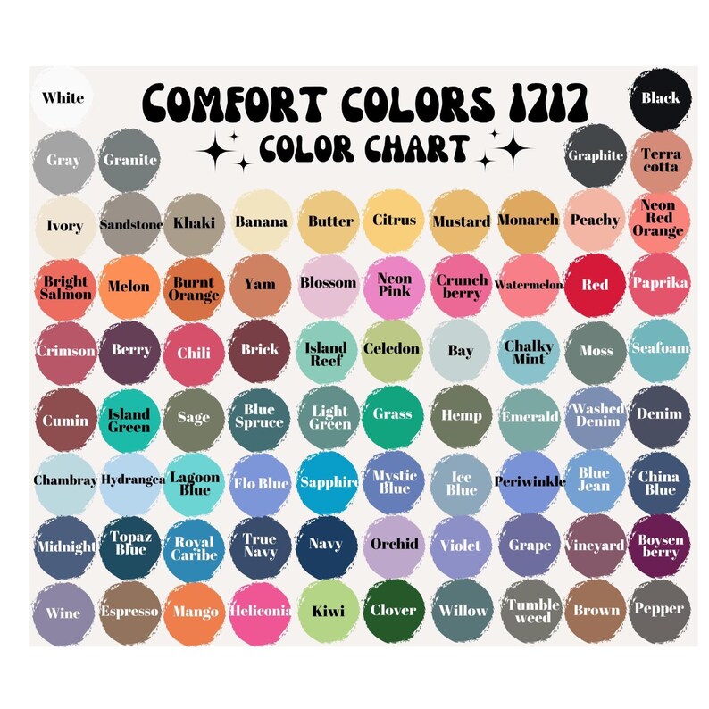 以下が含まれることがあります： 「COMFORT COLORS 1212 COLOR CHART」というタイトルのカラーチャートで、さまざまな色の見本があります。色には、白、黒、グレー、青、緑、ピンク、オレンジ、紫などがあります。各色には名前が付けられています。