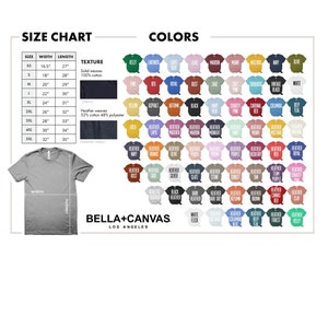 Puede incluir: Tabla de tallas y colores para camisetas. La tabla muestra el ancho y la longitud de las camisetas en pulgadas, as&iacute; como la composici&oacute;n de la tela. La tabla de colores muestra una variedad de colores, incluidos los colores jaspeado.