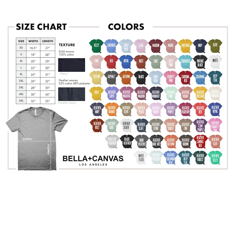 Puede incluir: Tabla de tallas y colores para camisetas. La tabla muestra el ancho y la longitud de las camisetas en pulgadas, as&iacute; como la composici&oacute;n de la tela. La tabla de colores muestra una variedad de colores, incluidos los colores jaspeado.