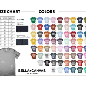 May include: Size chart for t-shirts with measurements in inches and a color chart showing 60 different colors of t-shirts. The text "Bella+Canvas Los Angeles" is at the bottom of the image.