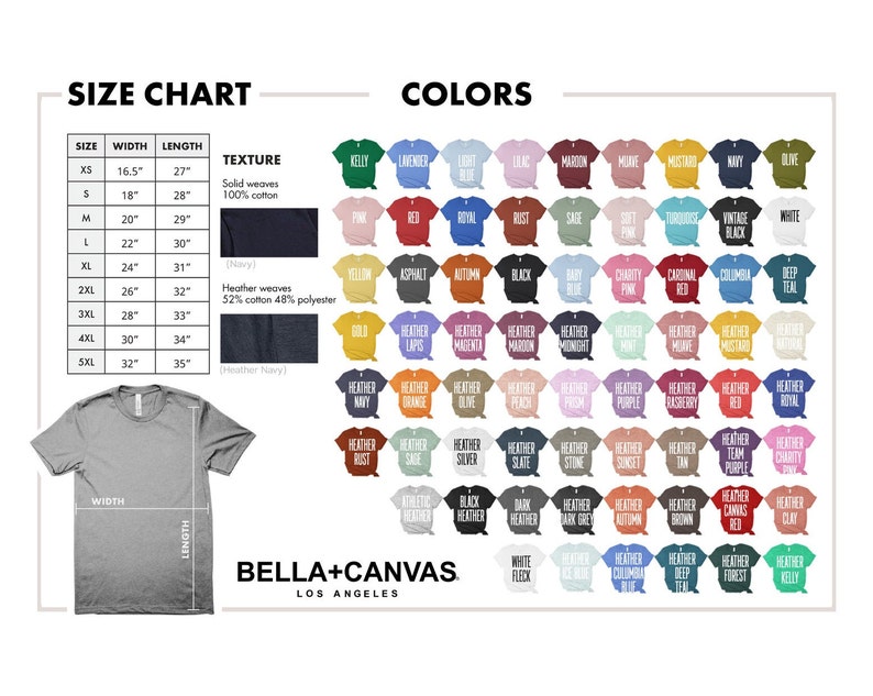 May include: Size chart for t-shirts with measurements in inches and a color chart showing 60 different colors of t-shirts. The text "Bella+Canvas Los Angeles" is at the bottom of the image.