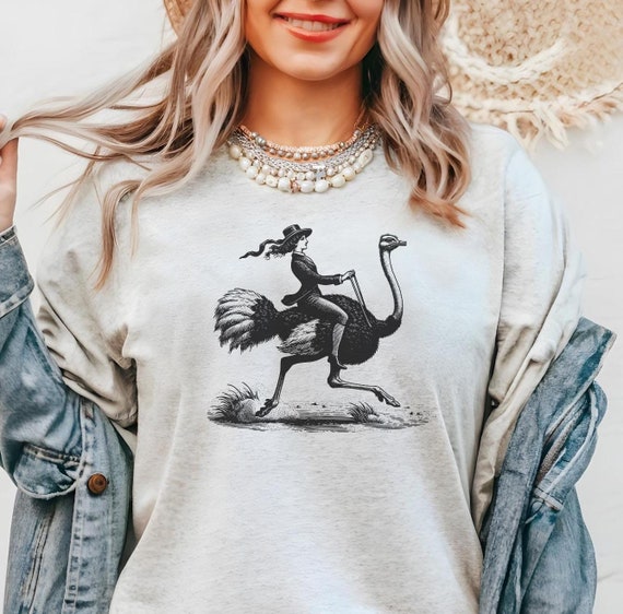 Retro Woman Riding Ostrich Shirt, Funny Retro Shirt, Animal Lover Shirt, Ostrich Shirt, Weird Shirts, Cool Graphic Tee, Vintage Retro TShirt