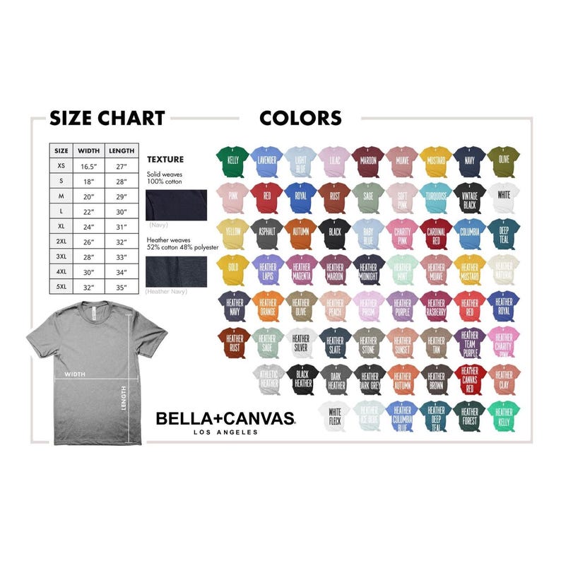 K&ouml;nnte beinhalten: Eine Gr&ouml;&szlig;entabelle und Farbf&uuml;hrer f&uuml;r Bella+Canvas T-Shirts. Die Tabelle zeigt die Ma&szlig;e in Zoll f&uuml;r die Gr&ouml;&szlig;en XS bis 5XL. Die Farbpalette umfasst eine gro&szlig;e Auswahl an Farbt&ouml;nen, von Kelly-Gr&uuml;n bis Tief-T&uuml;rkis, mit Details zur Stoffstruktur.