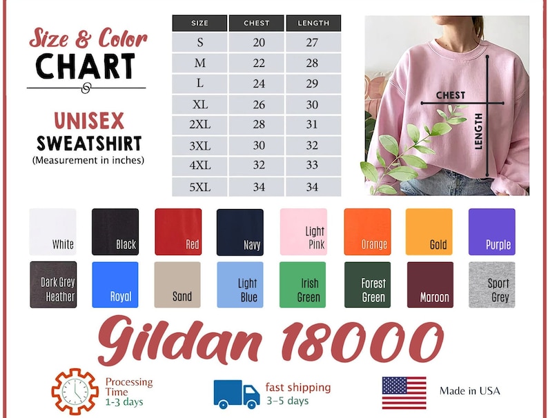 K&ouml;nnte beinhalten: Unisex-Sweatshirt-Gr&ouml;&szlig;entabelle mit Ma&szlig;en in Zoll. Die Tabelle zeigt Gr&ouml;&szlig;en von S bis 5XL mit den entsprechenden Brust- und L&auml;ngenma&szlig;en. Die Tabelle ist umgeben von Farbmustern in verschiedenen Farben, darunter Wei&szlig;, Schwarz, Rot, Marineblau, Hellrosa, Orange, Gold, Lila, Dunkelgrau meliert, Royal, Sand, Hellblau, Irischgr&uuml;n, Waldgr&uuml;n, Maroon und Sportgrau. Die Tabelle enth&auml;lt auch den Text "Gildan 18000" und Informationen &uuml;ber die Bearbeitungszeit, den schnellen Versand und die Herstellung in den USA.