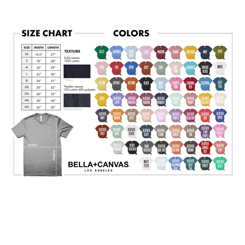 May include: Size chart and colour chart for t-shirts. The chart shows the width and length of the shirts in inches, as well as the fabric composition. The colour chart shows a variety of colours, including heather colours.