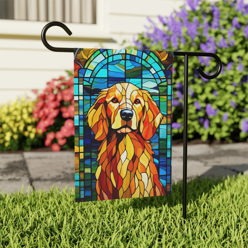 Golden Retriever Garden Flag, Gift For Golden Retriever Lover, Dog Yard Flag, Stained Glass Garden Flag, Golden Retriever Yard Art, Dog Gift image 1