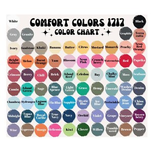 May include: A color chart titled "COMFORT COLORS 1212 COLOR CHART" with a variety of color swatches. Colors include white, black, gray, blue, green, pink, and more. Each color is labeled with its name.