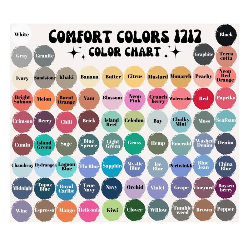 May include: A color chart titled "COMFORT COLORS 1212 COLOR CHART" with a variety of color swatches. Colors include white, black, gray, blue, green, pink, and more. Each color is labeled with its name.
