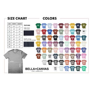 K&ouml;nnte beinhalten: Eine Gr&ouml;&szlig;entabelle und Farbauswahl f&uuml;r Bella+Canvas T-Shirts. Die Tabelle zeigt die Ma&szlig;e in cm f&uuml;r die Gr&ouml;&szlig;en XS bis 5XL. Farbmuster umfassen verschiedene Farbt&ouml;ne wie Kelly-Gr&uuml;n, Lavendel und Schwarz.