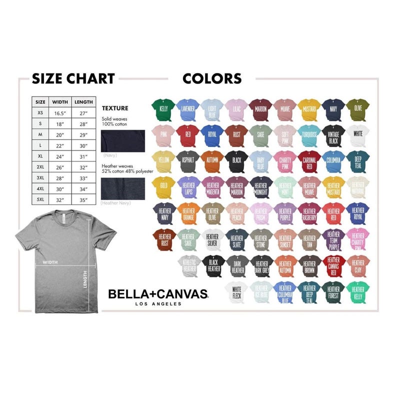 K&ouml;nnte beinhalten: Eine Gr&ouml;&szlig;entabelle und Farbauswahl f&uuml;r Bella+Canvas T-Shirts. Die Tabelle zeigt die Ma&szlig;e in cm f&uuml;r die Gr&ouml;&szlig;en XS bis 5XL. Farbmuster umfassen verschiedene Farbt&ouml;ne wie Kelly-Gr&uuml;n, Lavendel und Schwarz.
