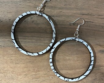 Script black and white wood hoop earrings