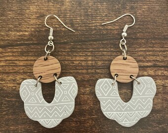 Gray + White clay and wood earrings