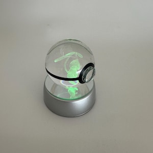 May include: A clear glass sphere with a green glowing image inside, sitting on a silver base. The sphere has a black ring around the middle.