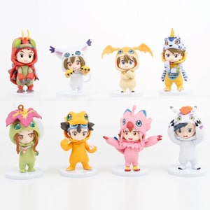 May include: Set of eight small figurines of characters from the Digimon anime series. Each figurine is wearing a costume of a different Digimon. The figurines are made of plastic and are about 3 inches tall.
