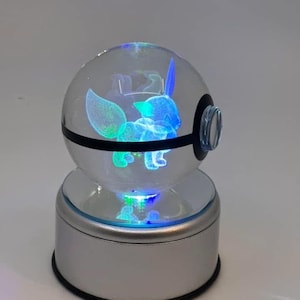 May include: A clear, spherical decorative light with a holographic image of a cartoon fox inside. The light sits on a silver base with a black trim and emits blue and green light.