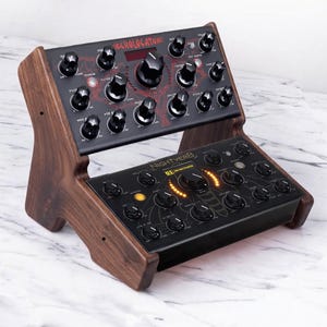 May include: A dual-tier audio effects processor stand crafted from dark wood, holding two black control units. The top unit is labeled ECHOLOCATOR, and the bottom unit is labeled NIGHTVERB. Both feature multiple black knobs and illuminated indicators.