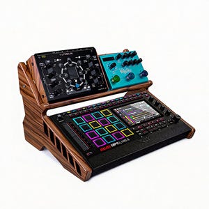 Op de afbeelding: Een houten standaard met elektronische muziekproductieapparatuur. Het bevat een zwarte MPC Live II, een zwarte besturingsmodule en een turquoise effectpedaal. De MPC heeft een scherm en kleurrijke pads.