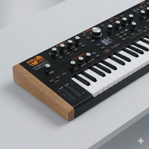 May include: A black ASM Hydrasynth Explorer synthesiser with a wooden side panel. The control panel features numerous silver knobs, a small digital display, and orange text labels. The keyboard has black and white keys and two touch strips.