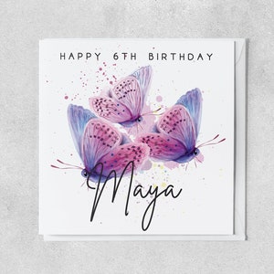 carte papillon personnalisée pour enfant de 6 ans | Carte d'anniversaire pour 6 ans avec prénom | Carte de voeux pour fille, petite-fille, nièce, filleule