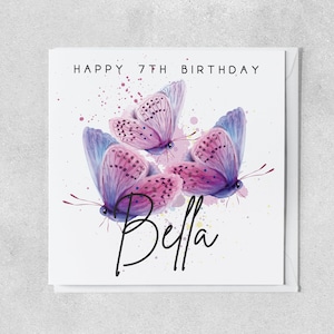 carte papillon personnalisée pour enfant de 7 ans | Carte 7e anniversaire avec nom | Carte de voeux pour fille, petite-fille, nièce, filleule