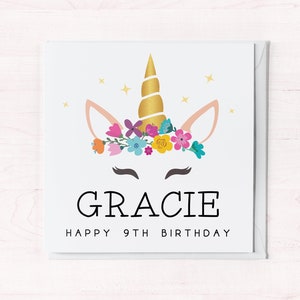 Carte Licorne personnalisée pour enfant de 9 ans | 9e anniversaire avec prénom | Carte de voeux pour fille, petite-fille, nièce, filleule