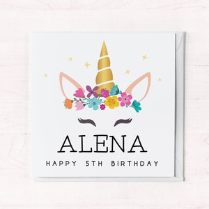 Carte Licorne personnalisée pour enfant de 5 ans | Carte de 5e anniversaire avec nom | Carte de voeux pour fille, petite-fille, nièce, filleule