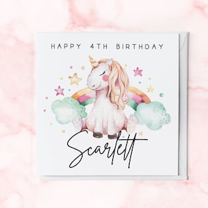 Personalised 4 Year Old Watercolour Unicorn Birthday Card | 4th Birthday Card With Name | Greetings Card For Daughter, Granddaughter, Niece